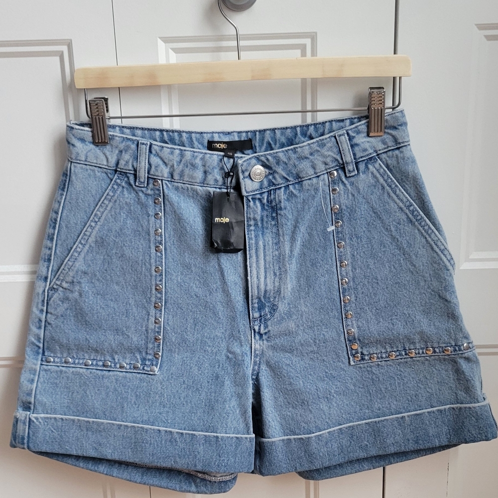 Maje Light Blue Denim Stud-Trim High-Rise Shorts